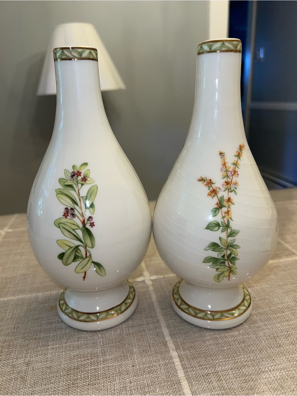 Arte Italica White Porcelain Bud Vases with Green and Gold Accents